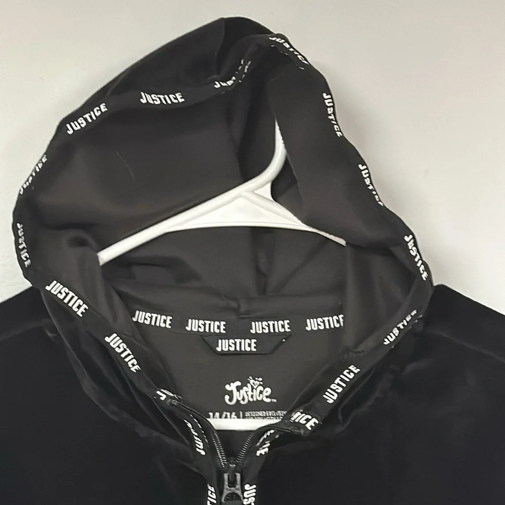 Justice Velvet velour Black Super Soft Hoodie Pullover size 14 / 16 girl EUC!